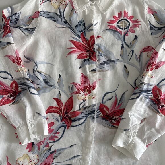 Chico's Women's Size 1 Med Floral Roll Tab Sleeve Chic 100% Linen Shirt - Picture 1 of 16